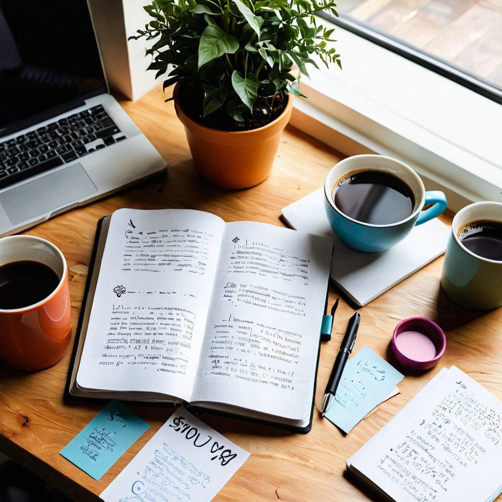 A creative workspace scene featuring an open notebook filled with handwritten notes and doodles about storytelling, a steaming cup of coffee, and a laptop displaying a vivid story outline. Surround this setup with inspiration elements like scattered books, a potted plant, and colorful sticky notes. The atmosphere should feel motivating and warm, inviting readers into the art of storytelling. super-realistic. vibrant colors. soft lighting.