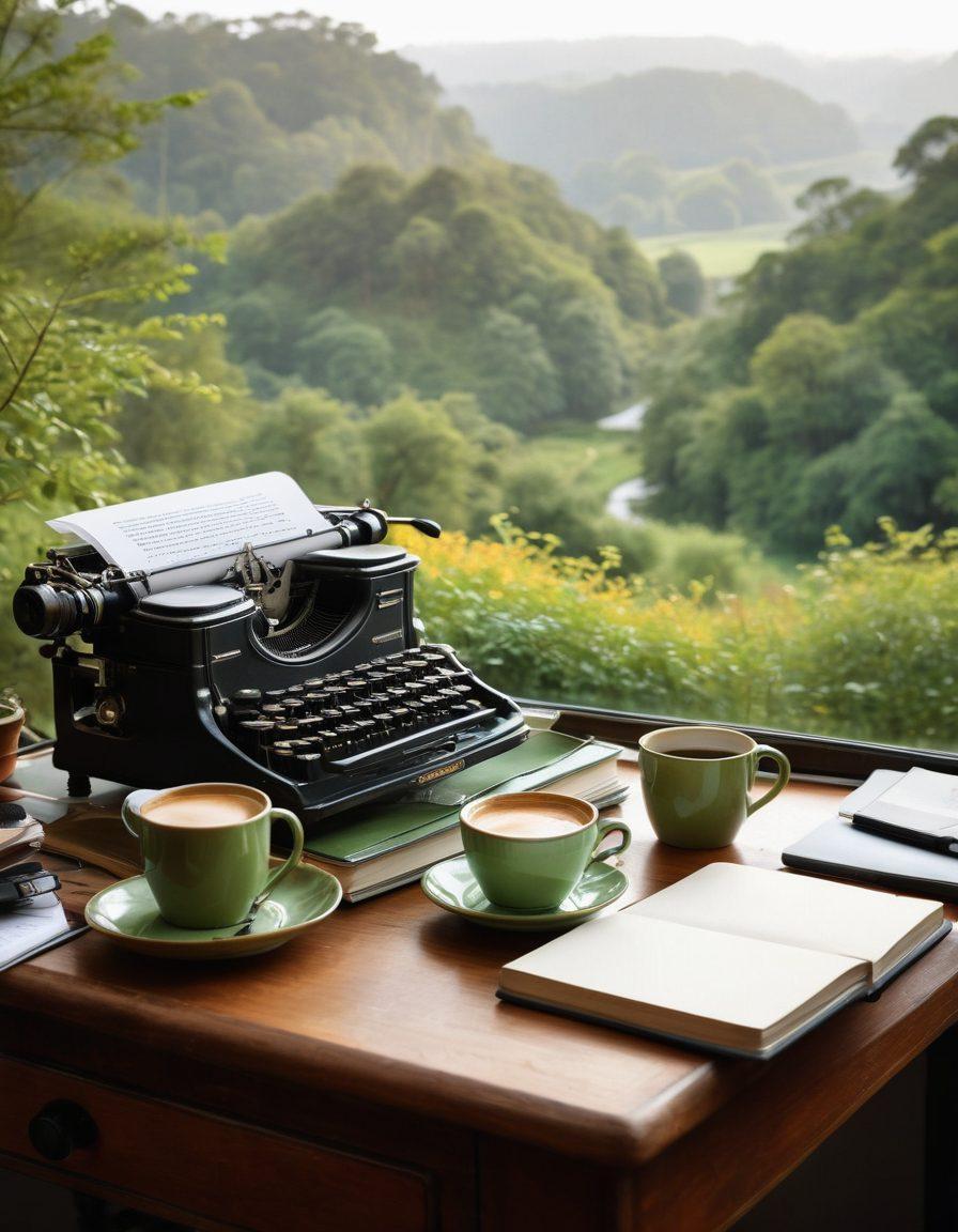 A serene writer's desk, with a vintage typewriter, a steaming cup of coffee, and a laptop illuminated by soft morning light. In the background, a lush green landscape symbolizes the balance between creativity and ethical storytelling. Delicate scales of justice intertwined with digital icons hover above, representing the ethical dilemmas in adult blogging. Contrast between warm and cool tones to evoke introspection. digital painting. vibrant colors.