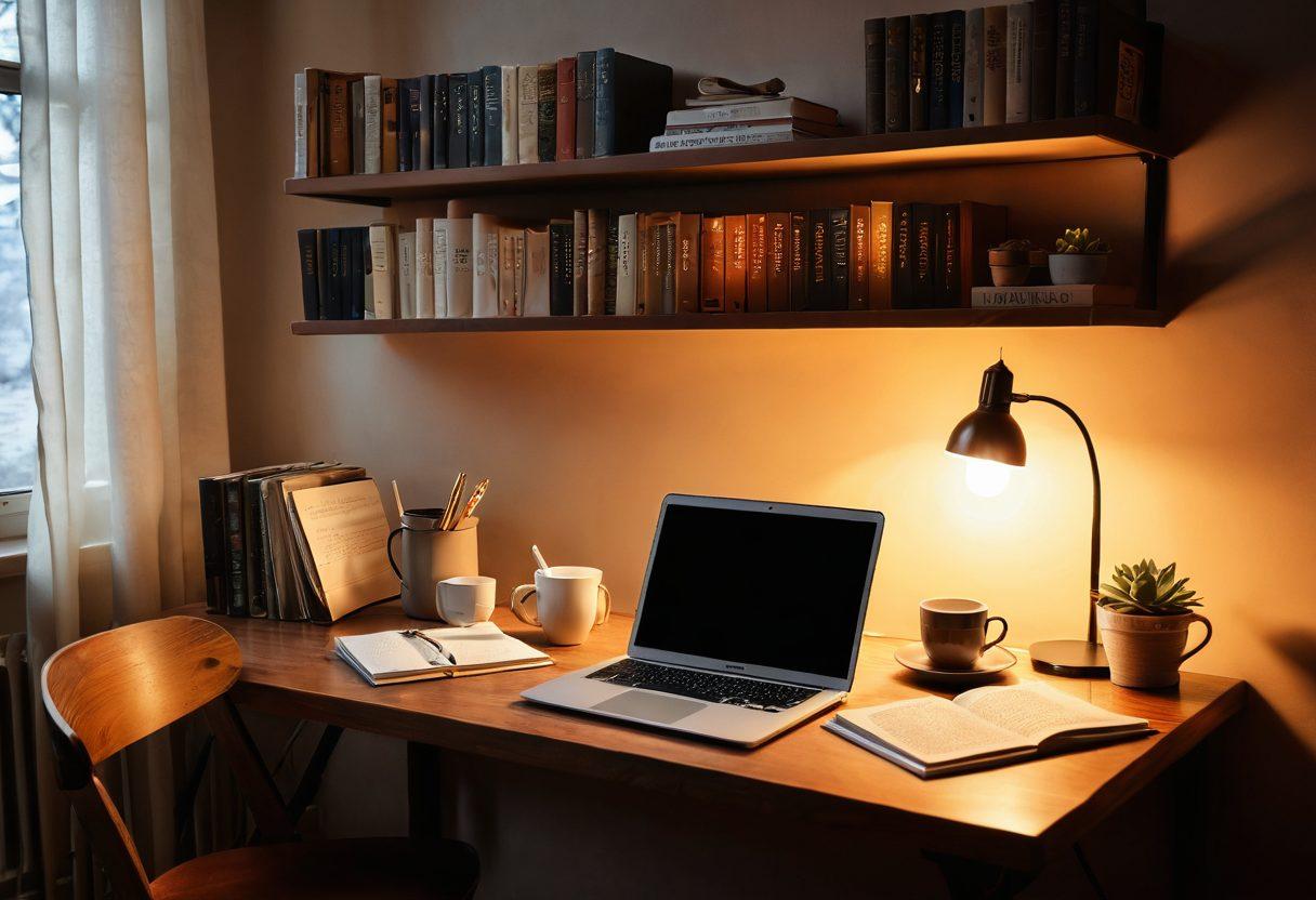 A cozy, inviting workspace with a laptop open to a blog page, surrounded by scattered notes and a steaming cup of coffee. The background features a softly lit bookshelf filled with intimate writing references and a gentle glow emanating from a lamp. The scene conveys a sense of creativity and comfort, perfect for the theme of adult blogging. warm colors. super-realistic. soft focus.